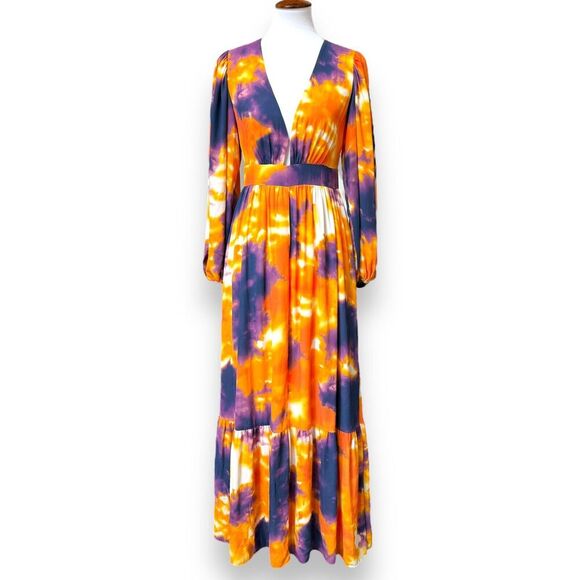 Toccin NY Womens A-Line Maxi Dress Orange Tie Dye Long Sleeve Lined Zip Ruffle 8 - Picture 2 of 15